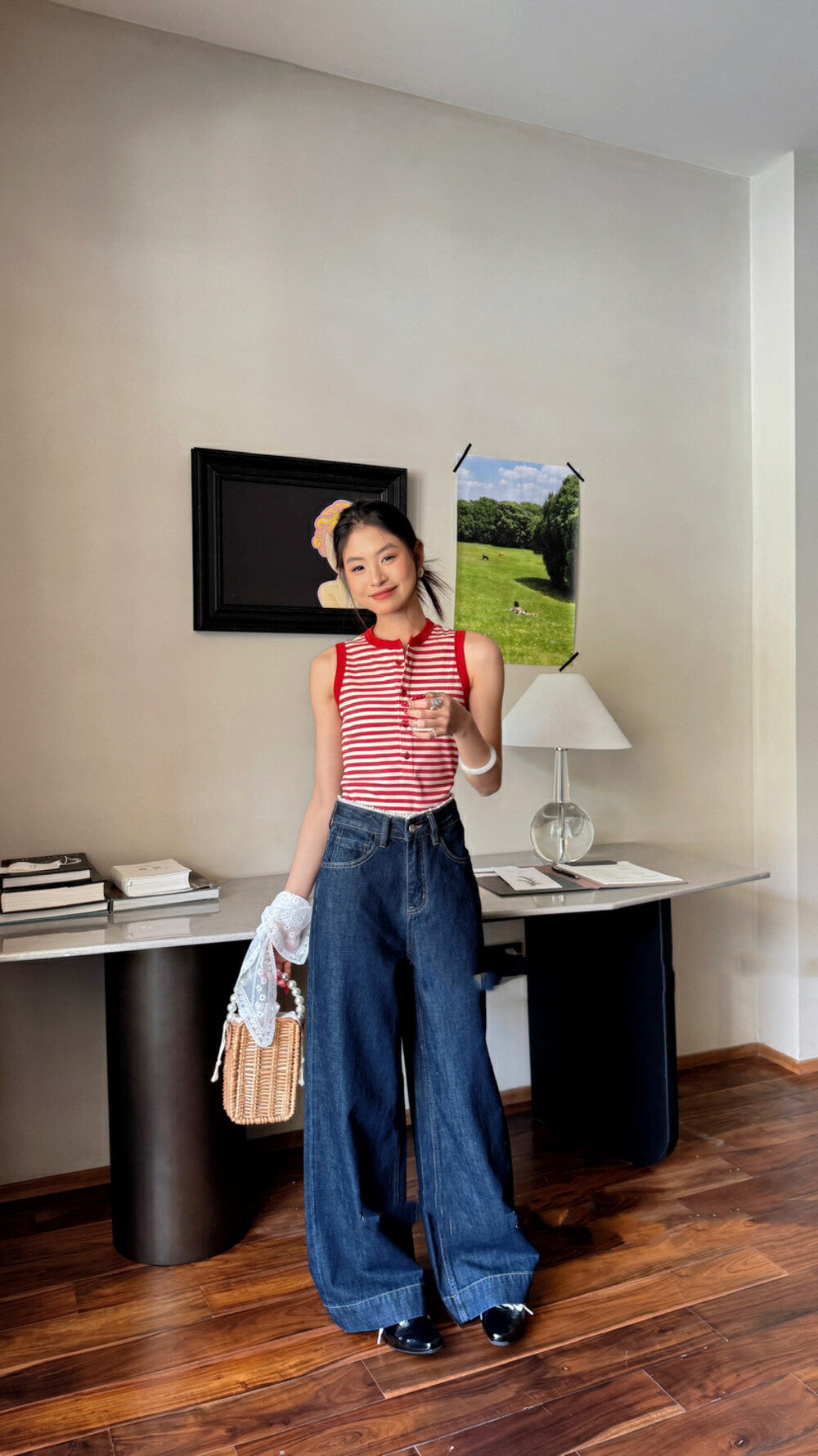 珍珠米腰頭特色牛仔褲