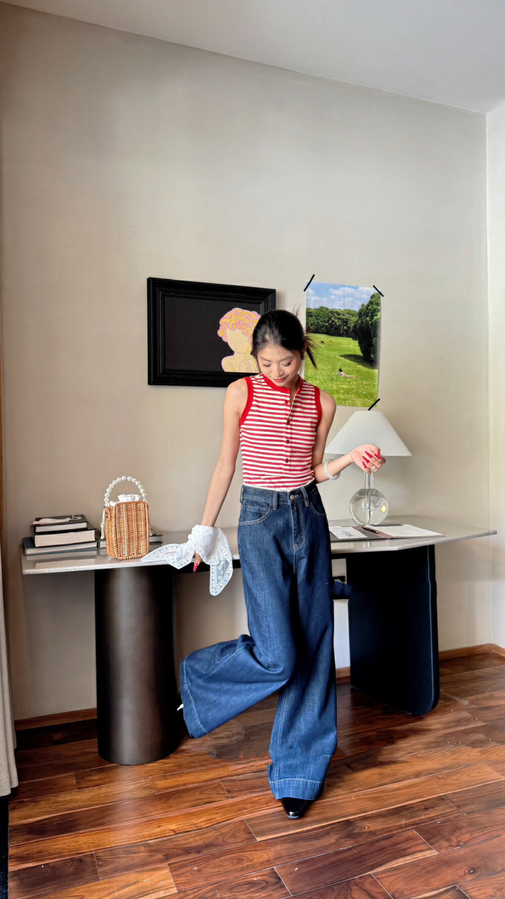 珍珠米腰頭特色牛仔褲