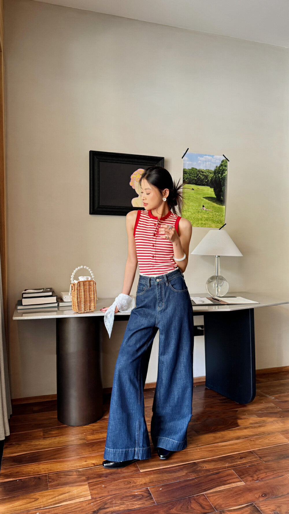 珍珠米腰頭特色牛仔褲