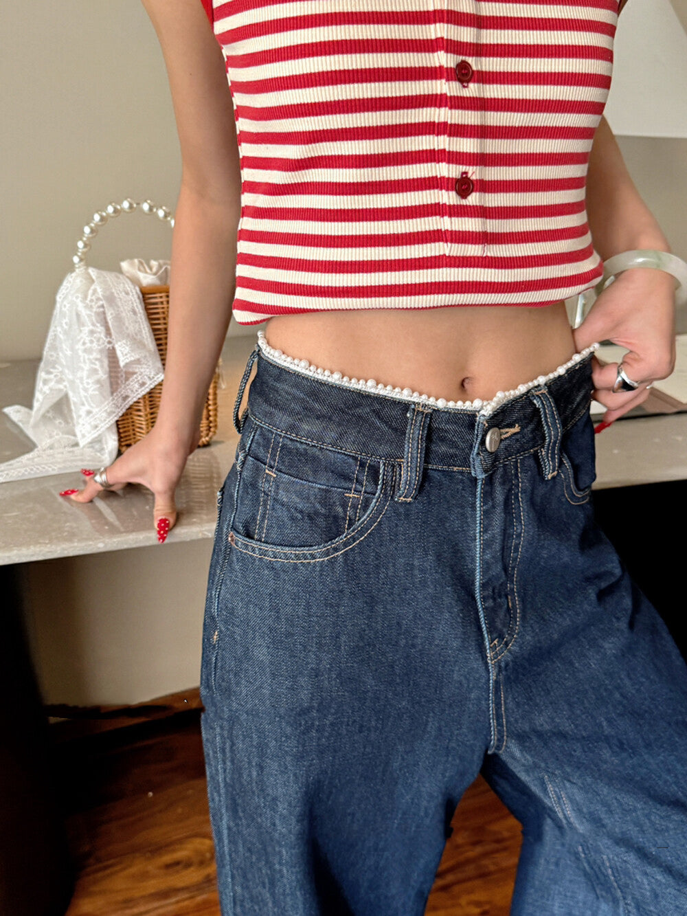 珍珠米腰頭特色牛仔褲