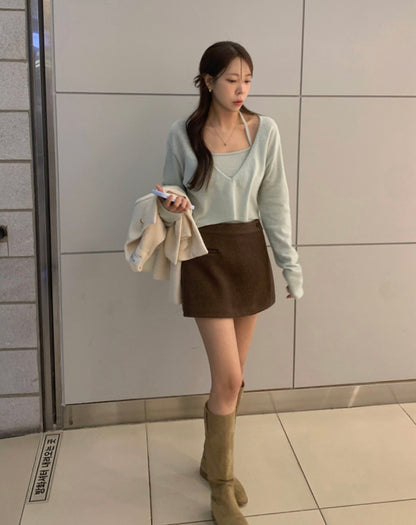 V-neck Long Sleeve Knit + Camisole Set