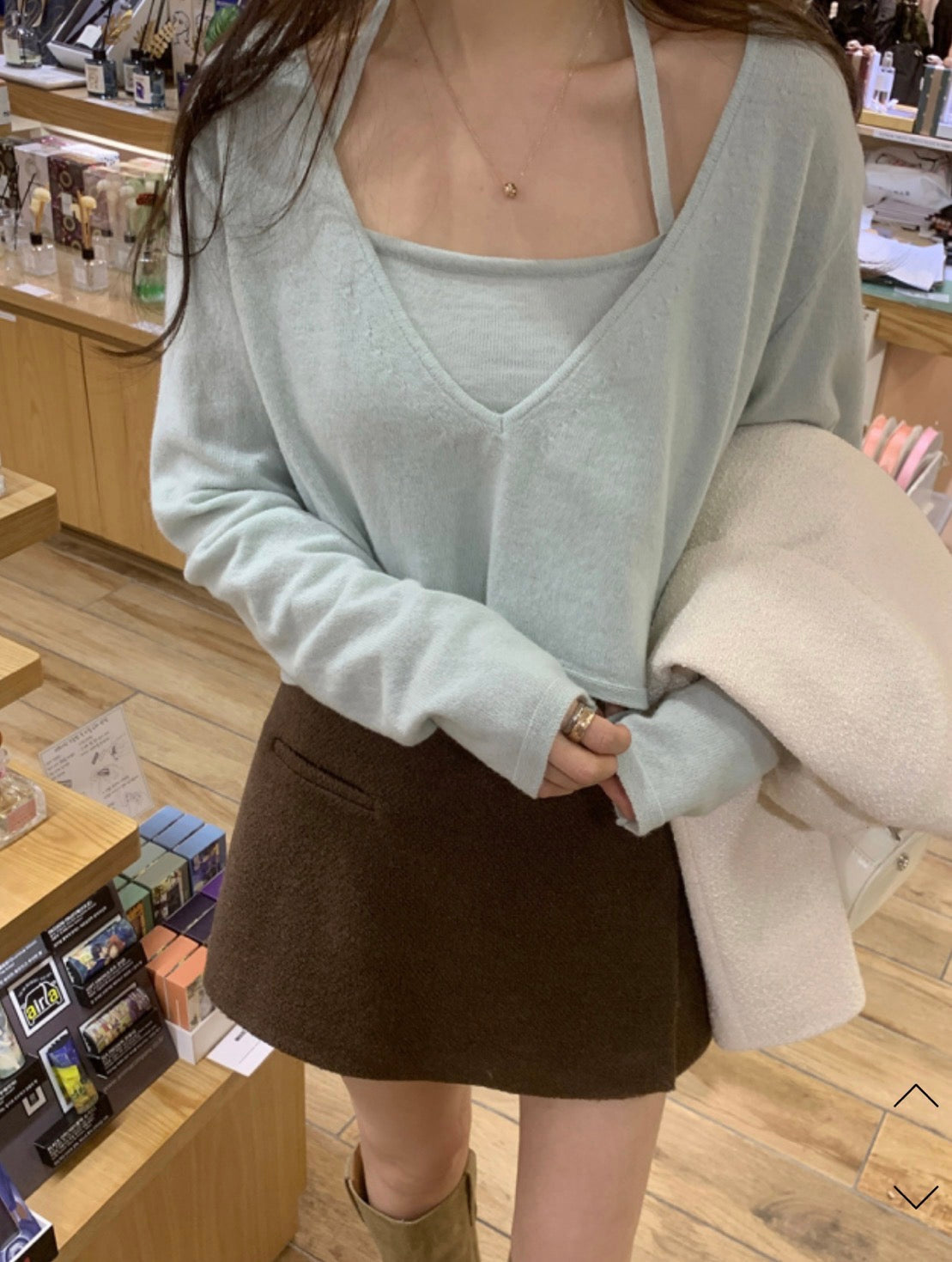 V-neck Long Sleeve Knit + Camisole Set