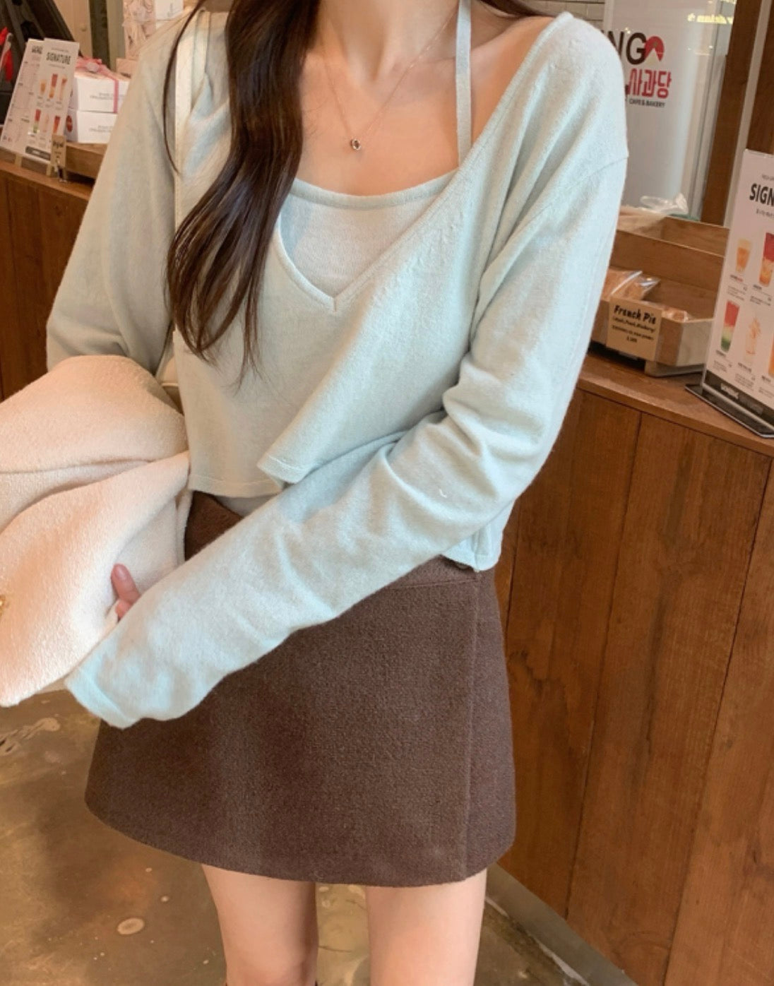 V-neck Long Sleeve Knit + Camisole Set