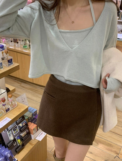 V-neck Long Sleeve Knit + Camisole Set