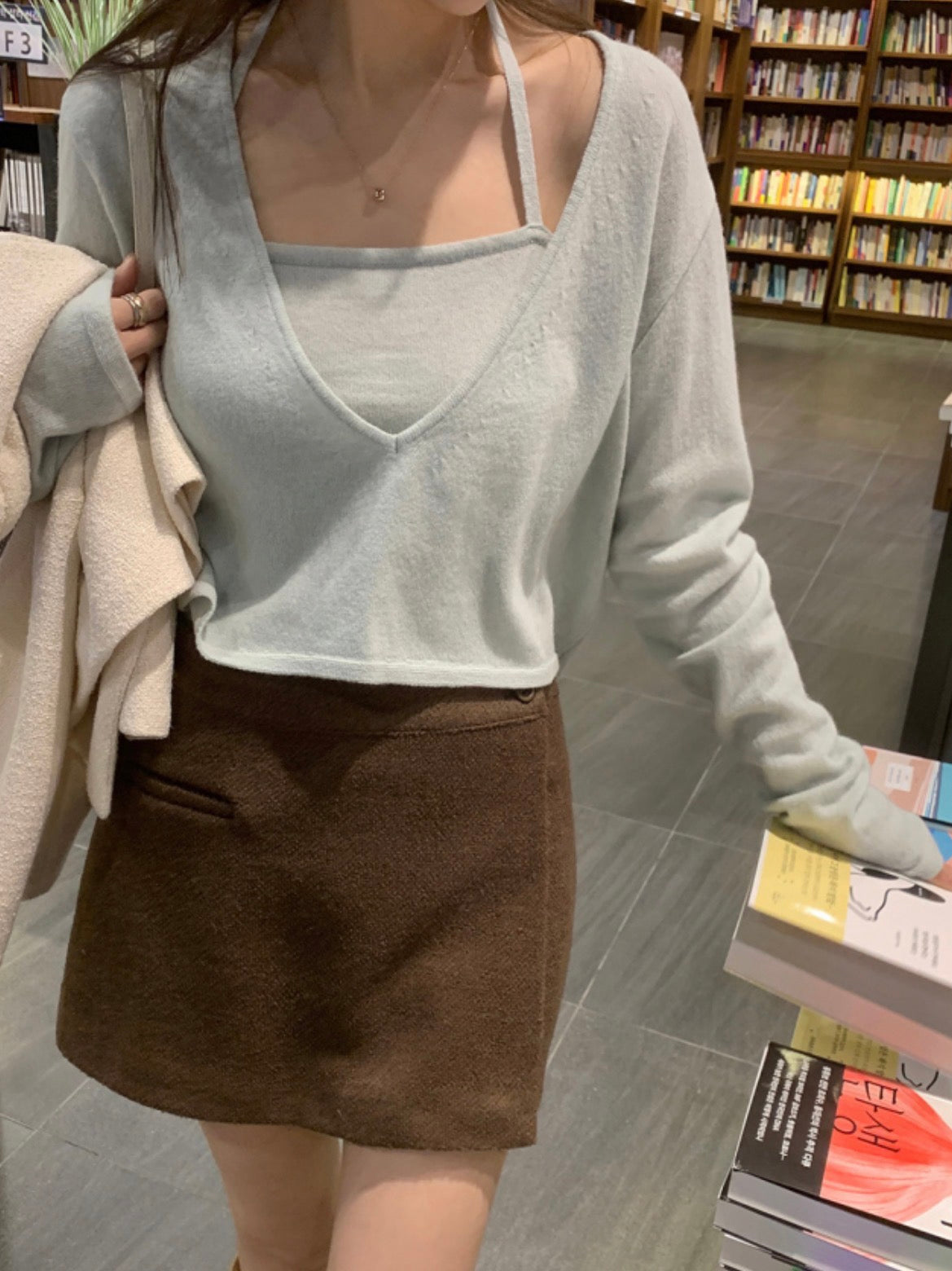 V-neck Long Sleeve Knit + Camisole Set