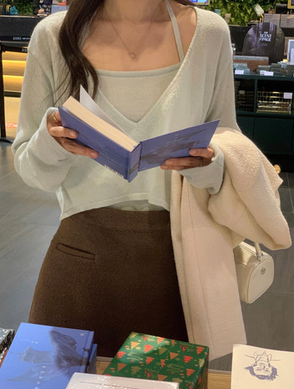 V-neck Long Sleeve Knit + Camisole Set