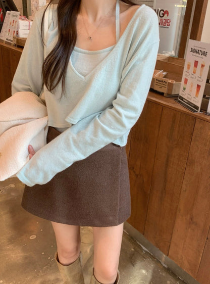 V-neck Long Sleeve Knit + Camisole Set