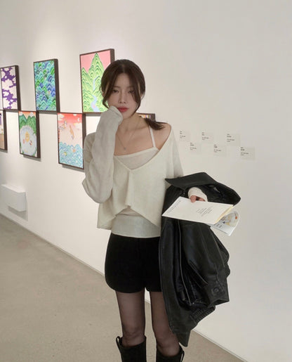 V-neck Long Sleeve Knit + Camisole Set