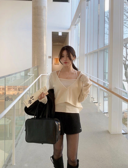 V-neck Long Sleeve Knit + Camisole Set