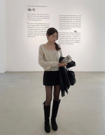 V-neck Long Sleeve Knit + Camisole Set