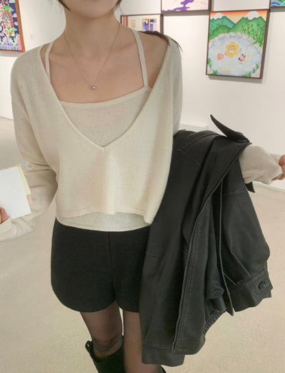 V-neck Long Sleeve Knit + Camisole Set