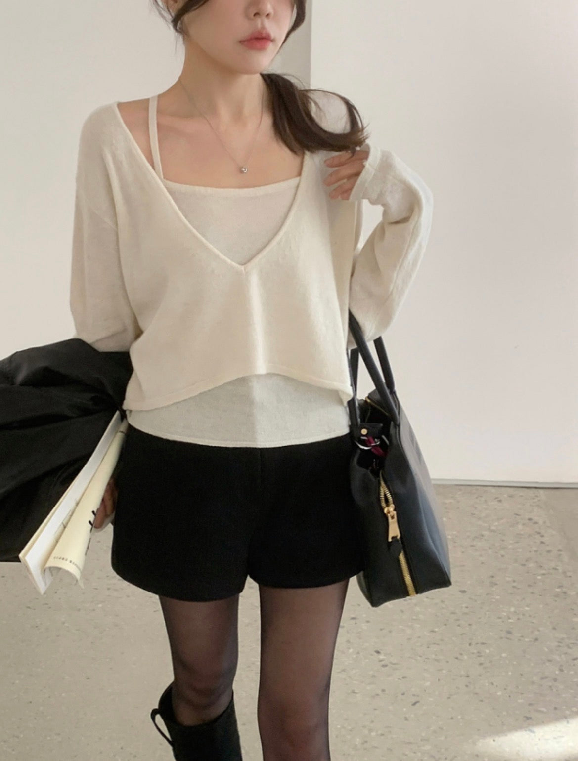 V-neck Long Sleeve Knit + Camisole Set