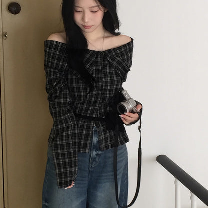 Off-shoulder Slimming Plaid Blouse