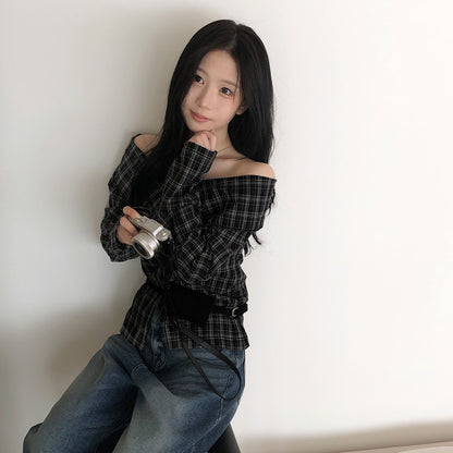 Off-shoulder Slimming Plaid Blouse
