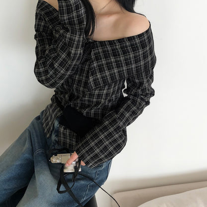 Off-shoulder Slimming Plaid Blouse