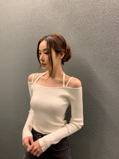 吊帶一字領針織top