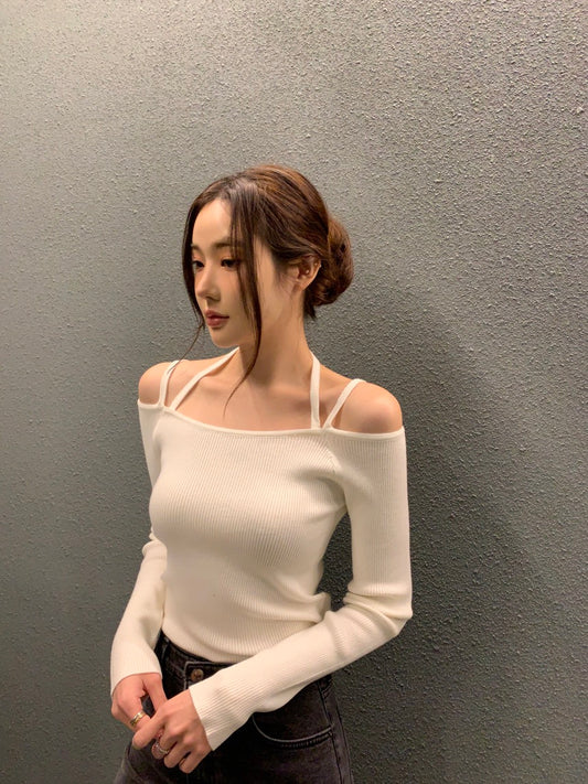 吊帶一字領針織top