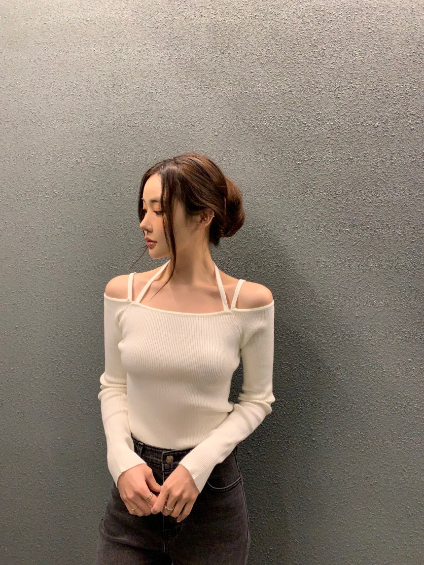 吊帶一字領針織top