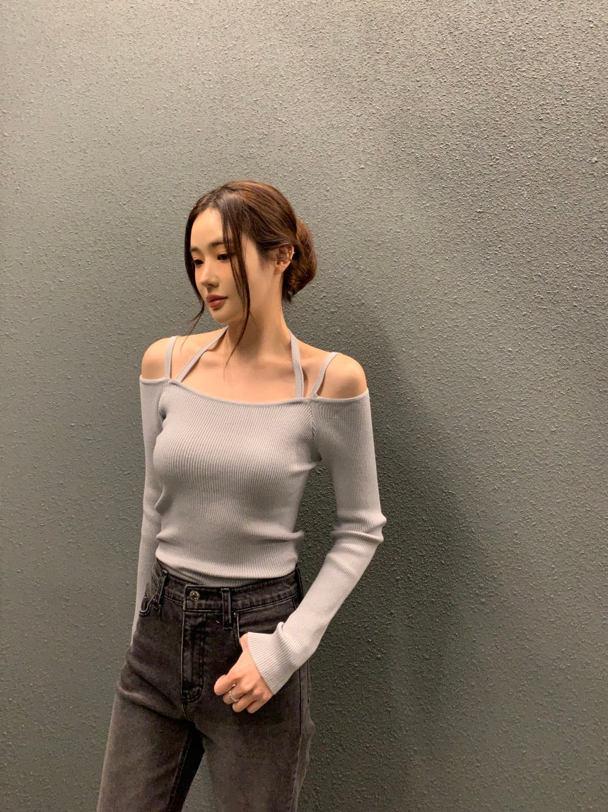 吊帶一字領針織top