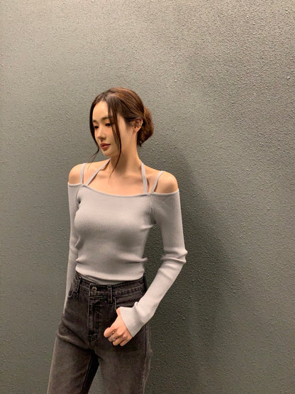 吊帶一字領針織top