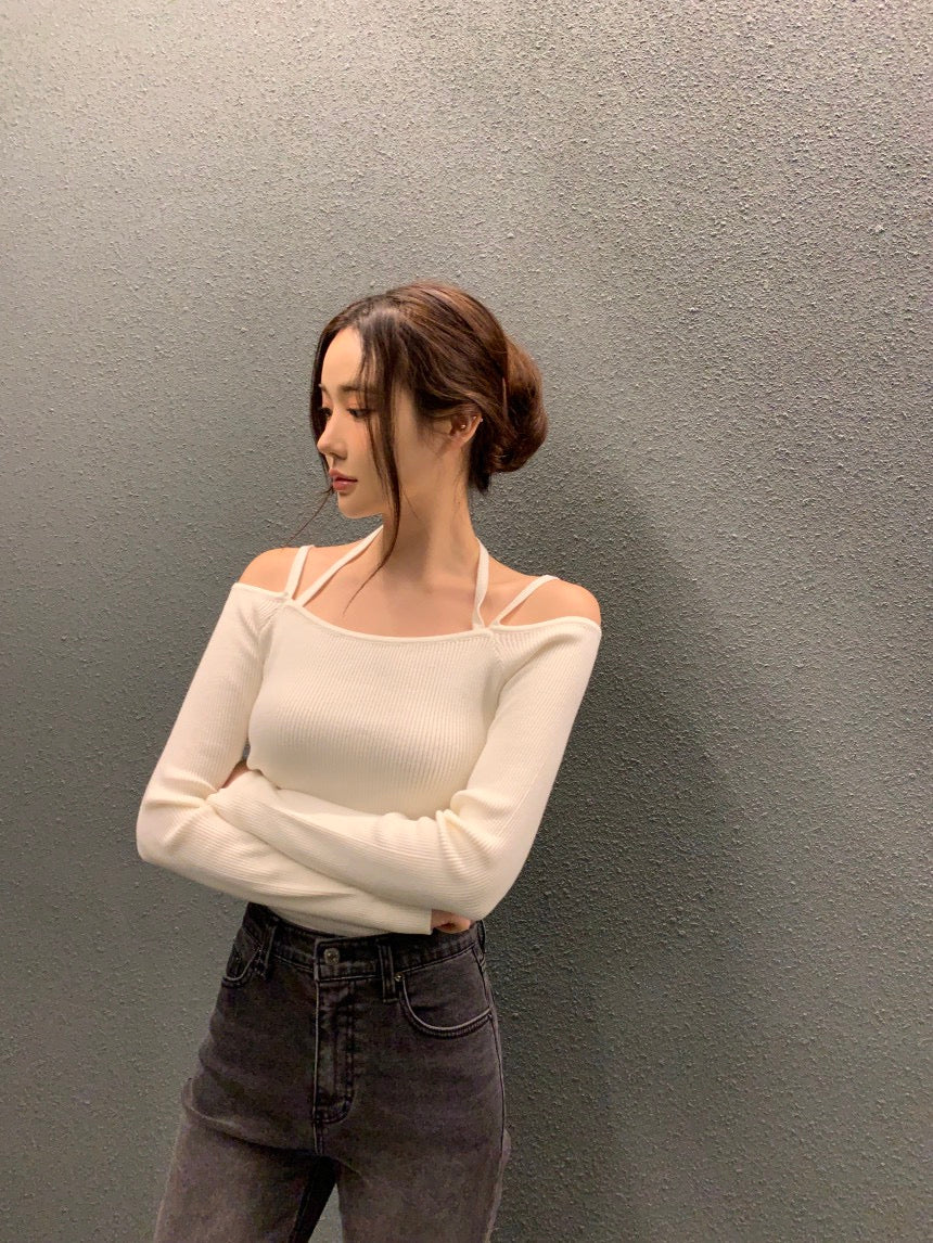 吊帶一字領針織top