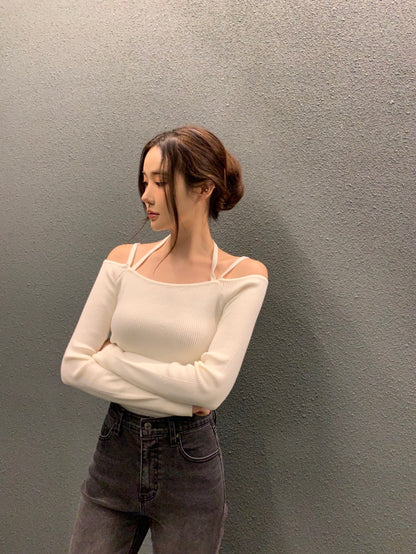 吊帶一字領針織top