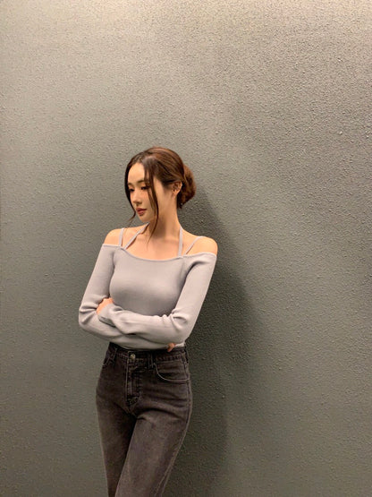 吊帶一字領針織top