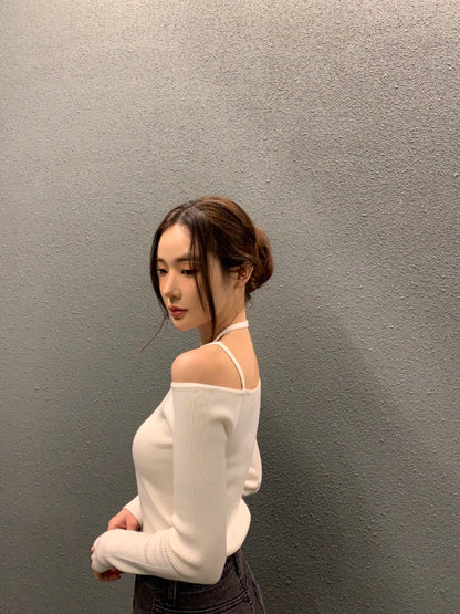 吊帶一字領針織top