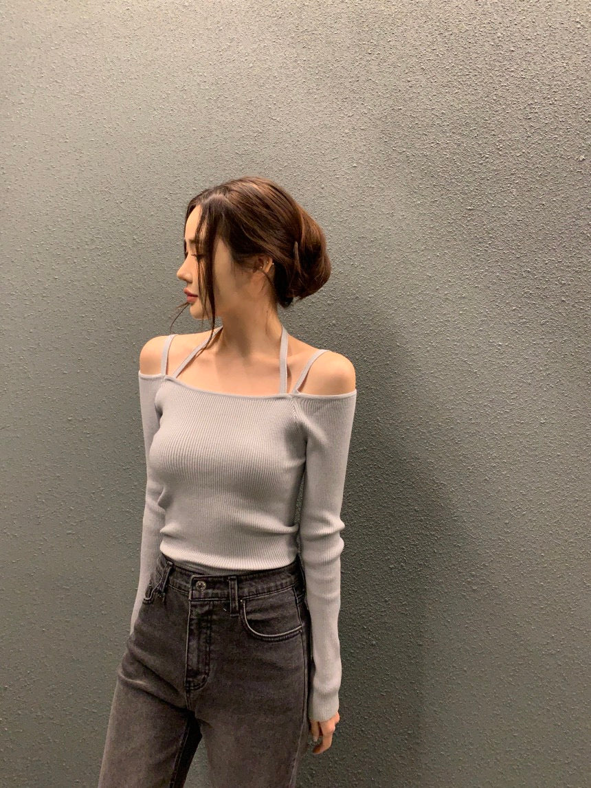 吊帶一字領針織top