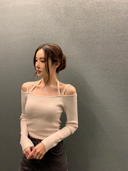 吊帶一字領針織top