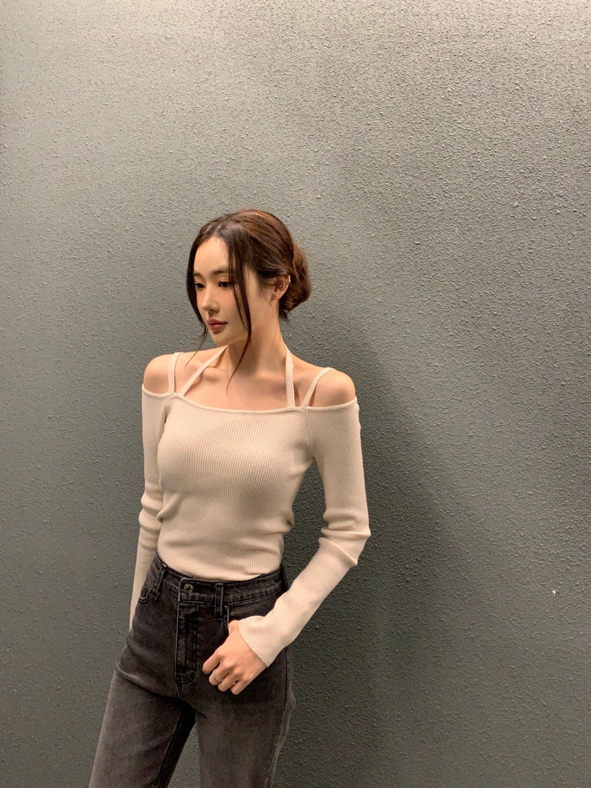 吊帶一字領針織top