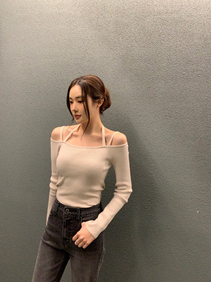 吊帶一字領針織top