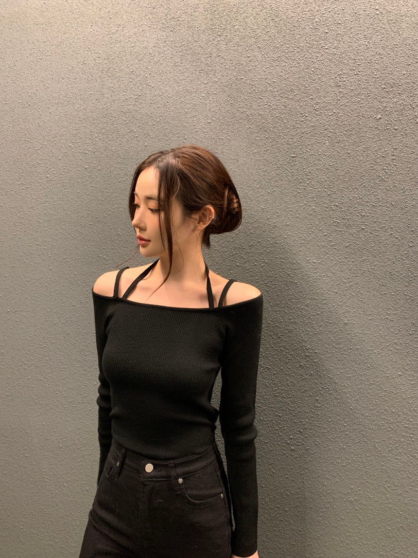 吊帶一字領針織top