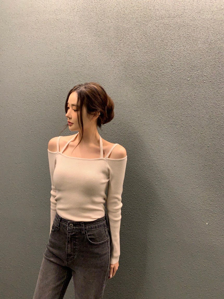 吊帶一字領針織top