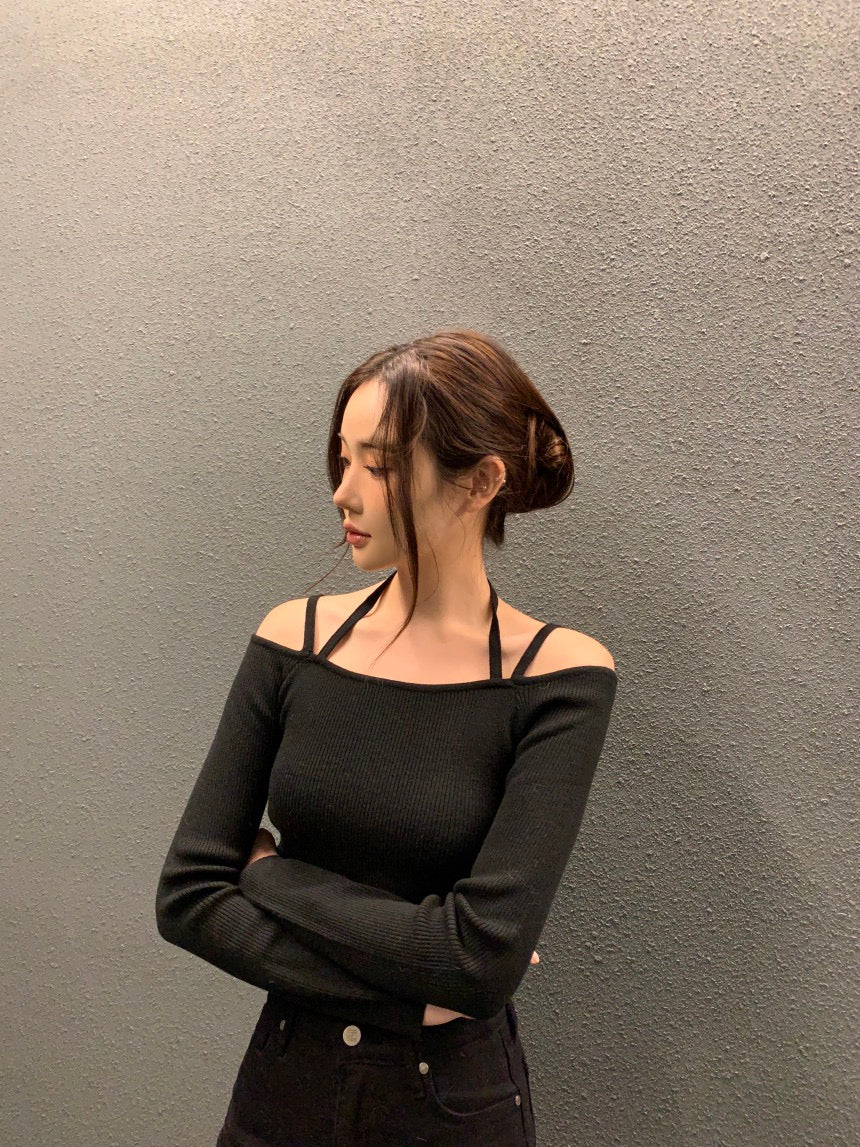 吊帶一字領針織top