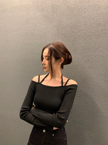 吊帶一字領針織top