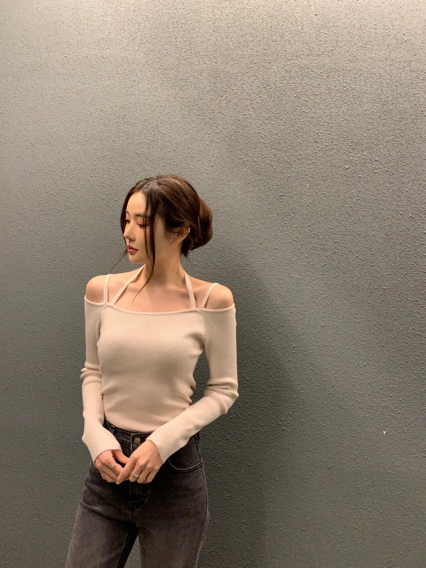 吊帶一字領針織top
