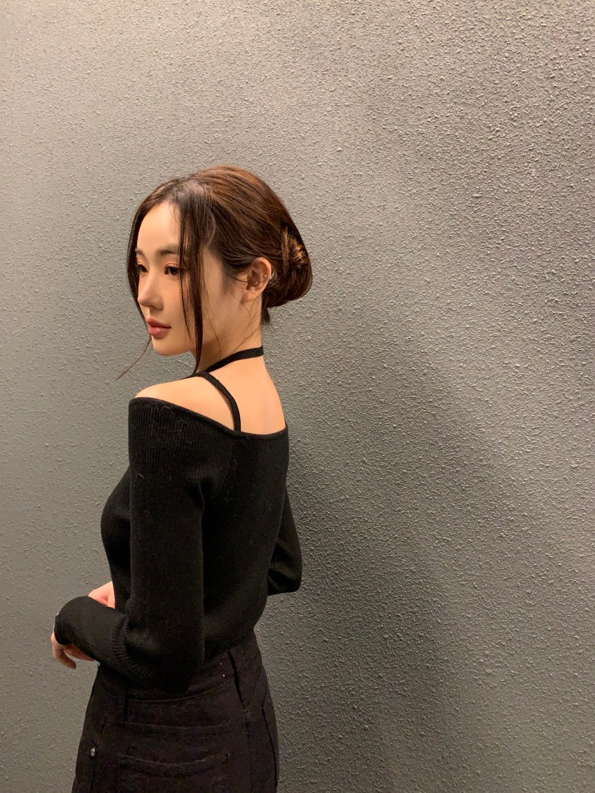 吊帶一字領針織top