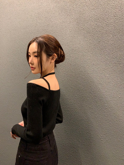 吊帶一字領針織top