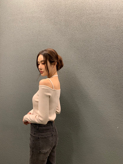 吊帶一字領針織top