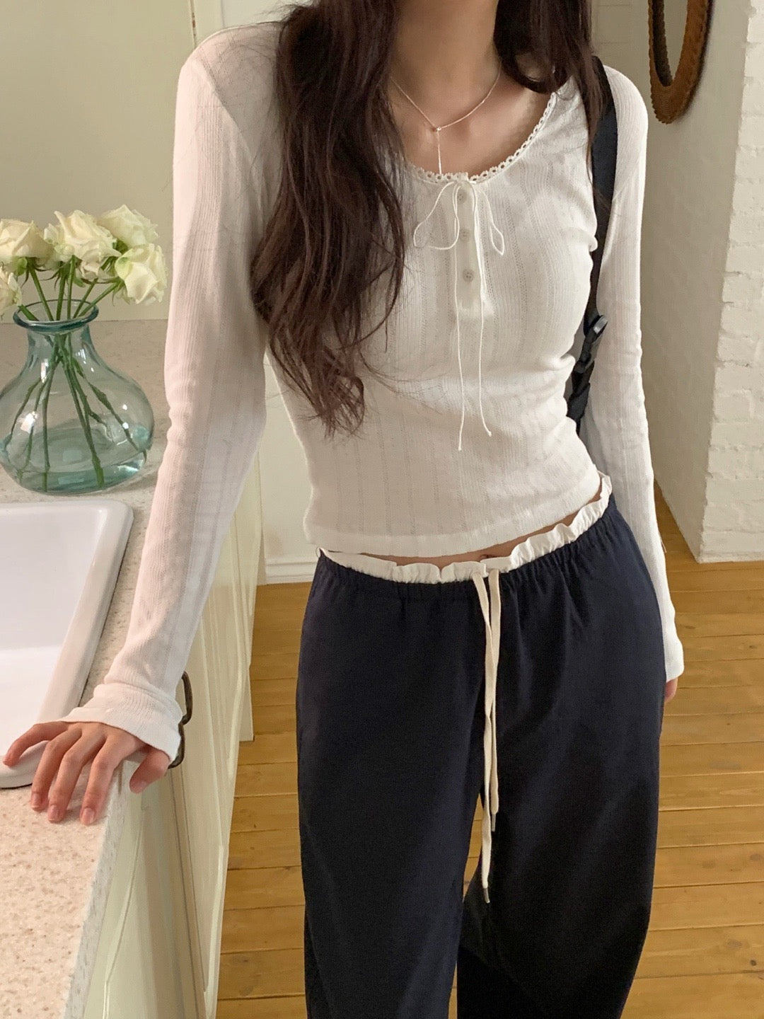 Elastic Waist Ruffle Trim Casual Pants