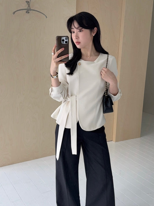 圓領一粒扣綁帶外套