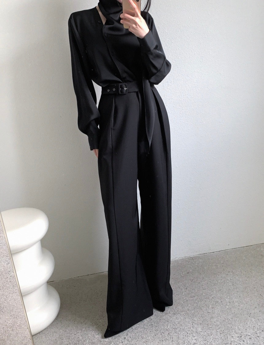 High-waisted button-up wide-leg casual trousers