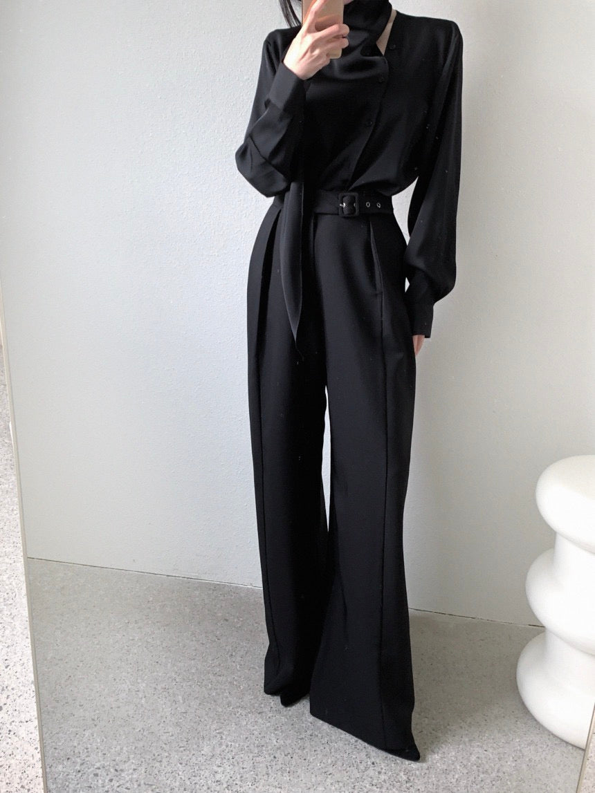 High-waisted button-up wide-leg casual trousers