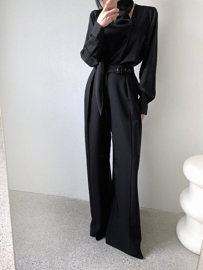 High-waisted button-up wide-leg casual trousers