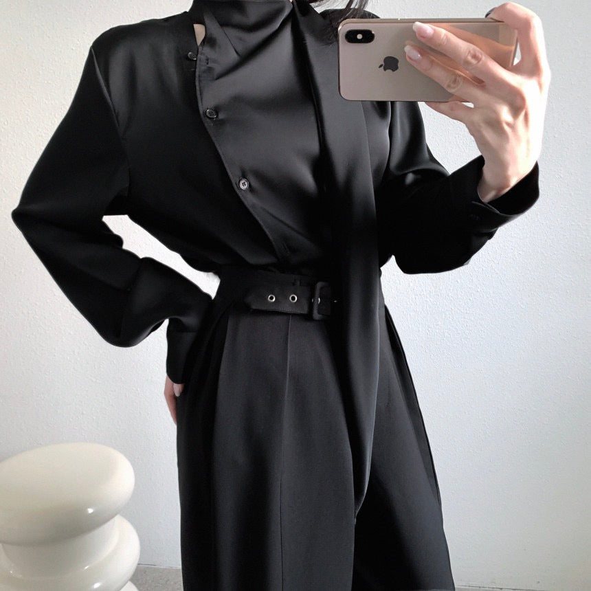 High-waisted button-up wide-leg casual trousers