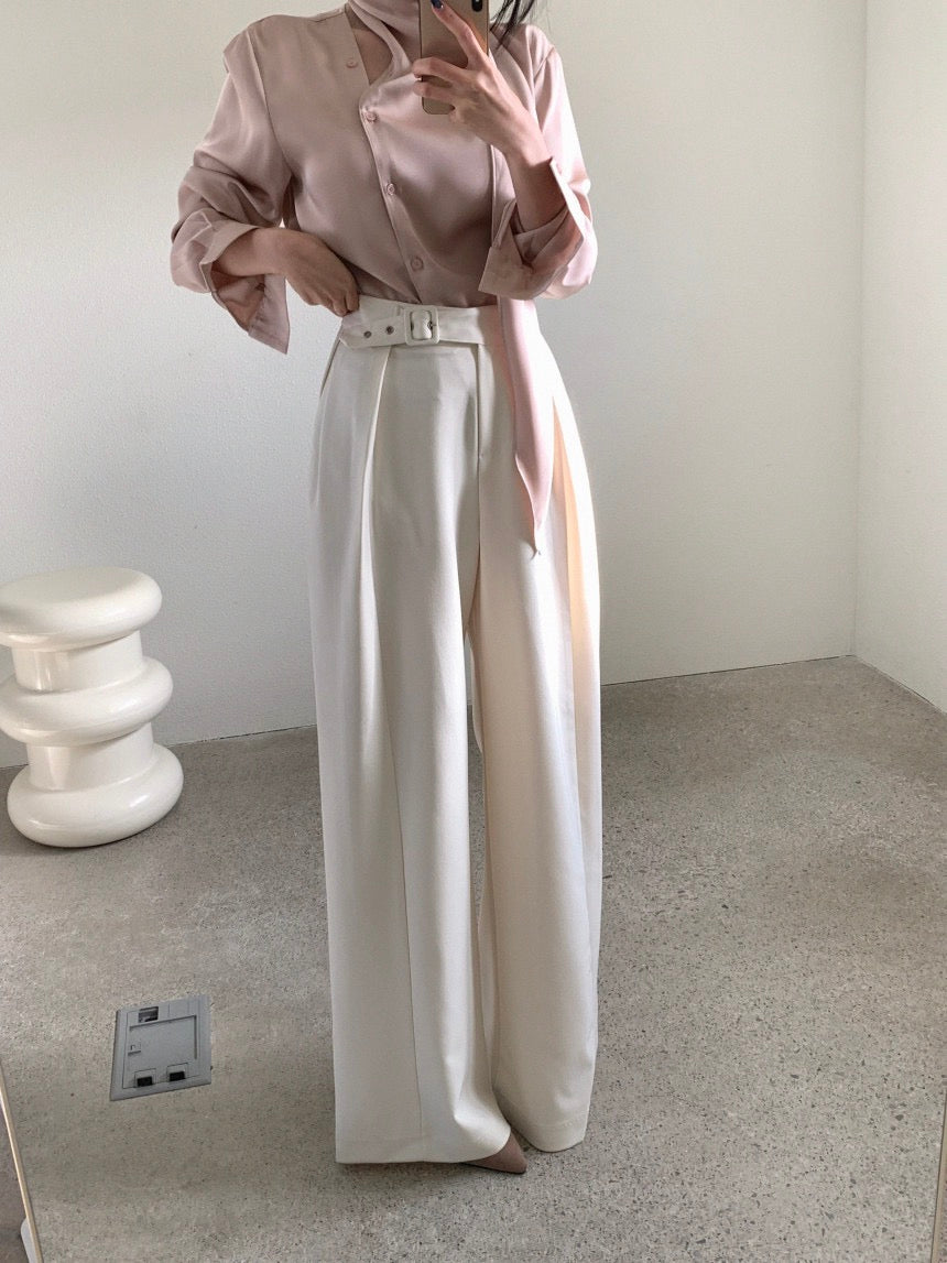 High-waisted button-up wide-leg casual trousers