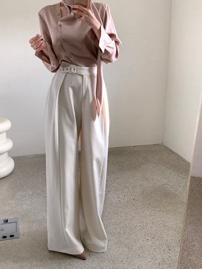 High-waisted button-up wide-leg casual trousers