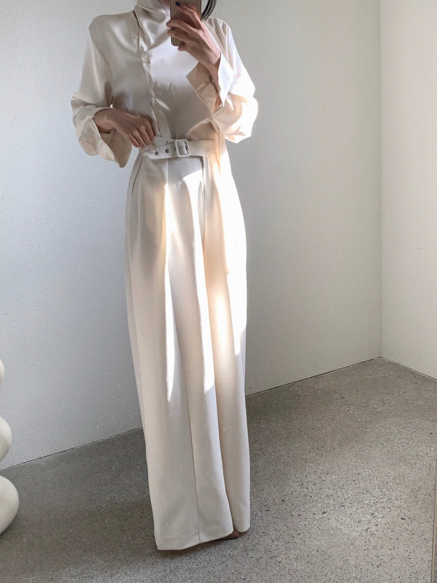 High-waisted button-up wide-leg casual trousers