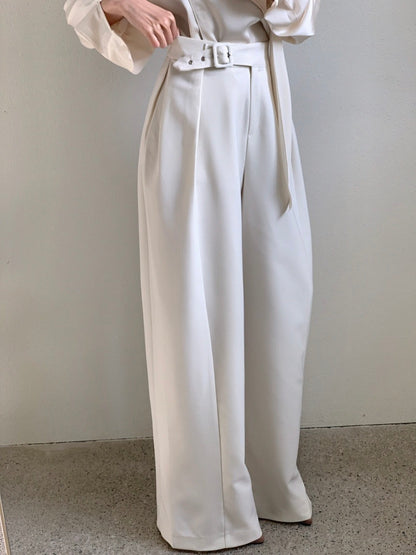 High-waisted button-up wide-leg casual trousers